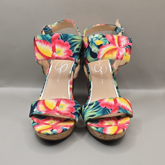 Jessica Simpson Wedge Sandal Sz 6 Cork Fabric Upper Sling Back Tropical Colorful - Picture 2 of 12